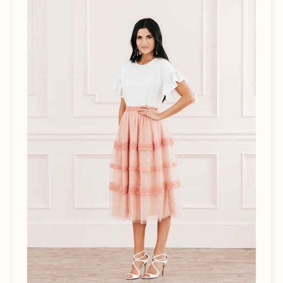 Rachel Parcell NEW pink Versailles tulle Swiss dot skirt sz XS Bridgerton midi - Picture 2 of 12